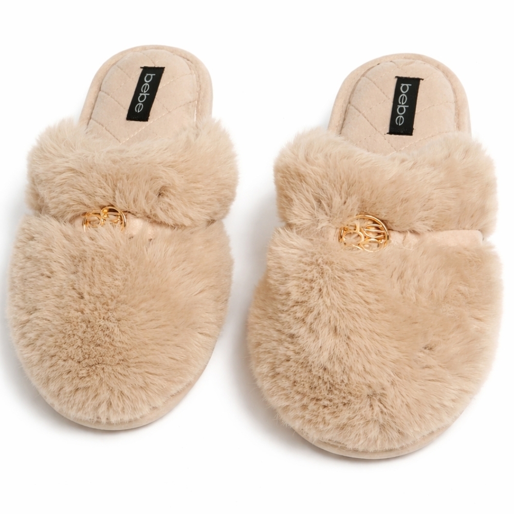Bebe Plush Beige Slippers with Gold Accent